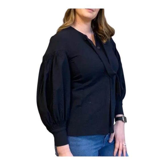 Teija Navy Blue Frill Blouse Button Front Long Puff Sleeves Silk Seersucker 16 - Picture 1 of 9